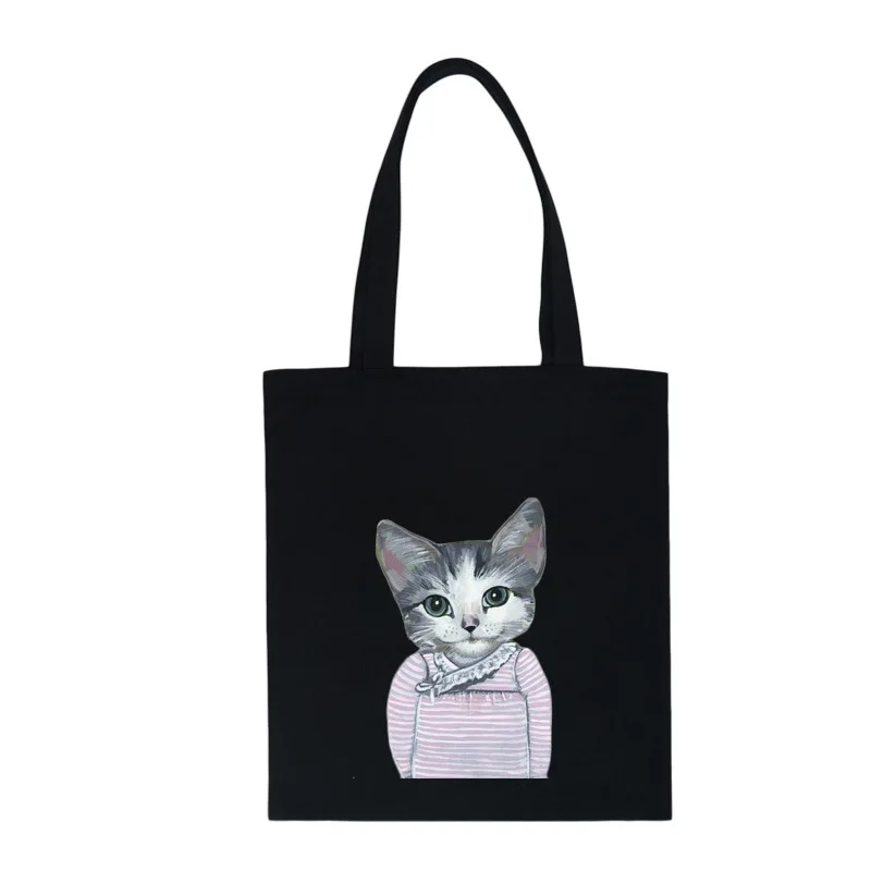 Большая вместительная черная Холщовая Сумка-тоут, хлопчатобумажная ткань, одежда, многоразовая сумка-шоппер, женские пляжные сумки с принтом кошек, продуктовая сумка Eco - Цвет: 14