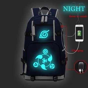 

NARUTO Bagpack Luminous Girls Backpack USB Charging School Bags Canvas Blue Bookbag Boys Travel Laptop Daypack Casual Rucksack