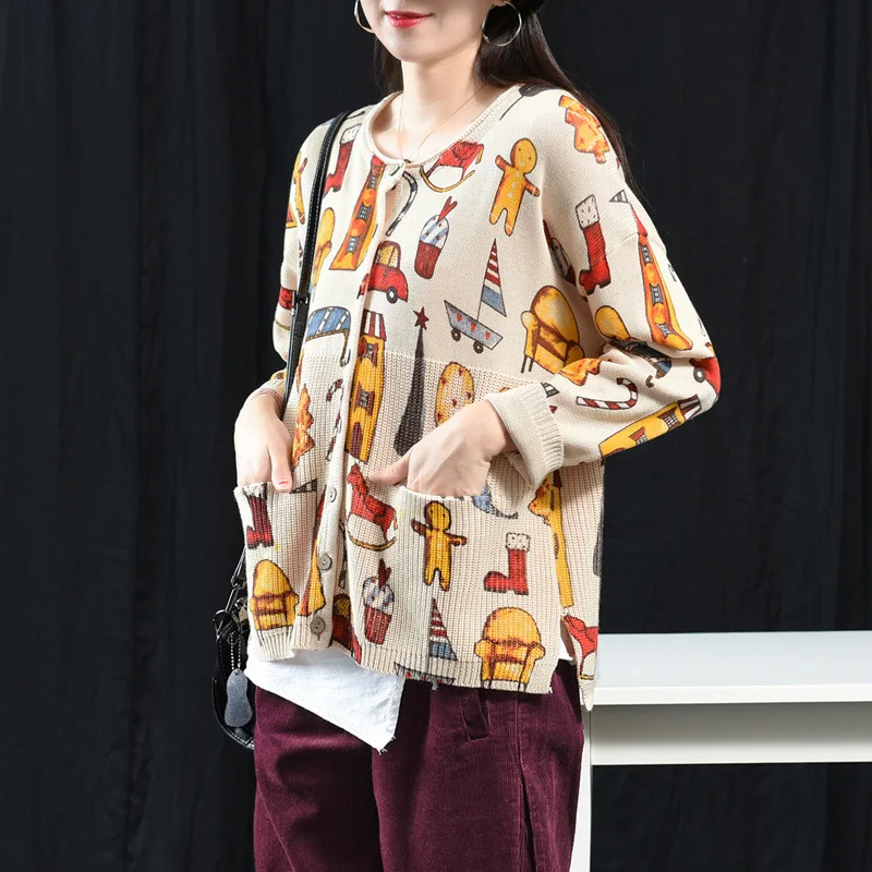 

2019 autumn new art print sweater long-sleeved o-neck wild sweater cardigan coat female js