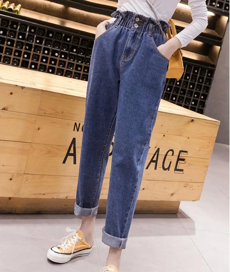 Autumn Women's Jeans Pants High Waist Loose Korean Casual Style Two Buckles loose harem Denim pants plus size 5xl r1920