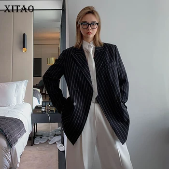 

XITAO Tide Plus Size Striped Pocket Blazer Women Clothes 2020 Spring New Loose Casual Notched Collar Elegant Coat Top DMY3648