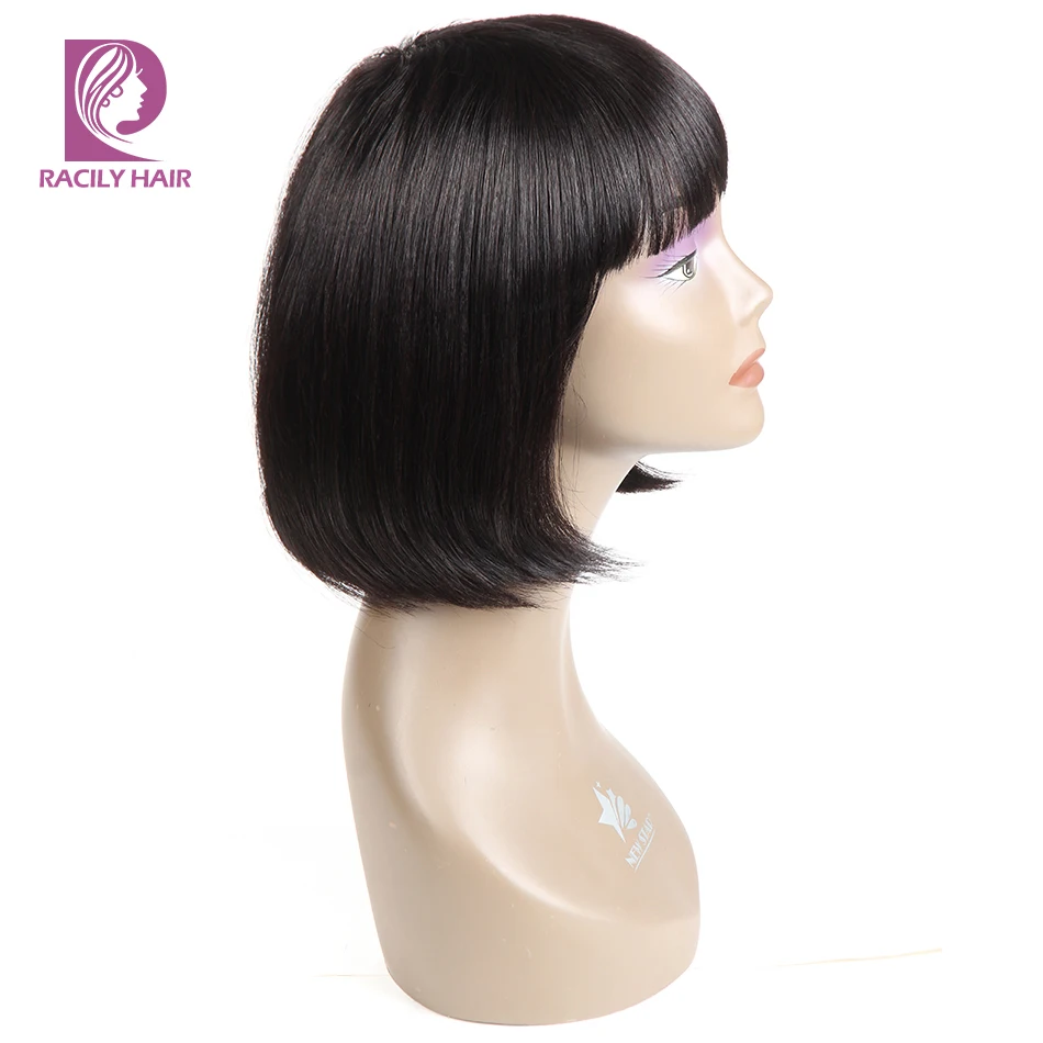 Racily волосы бесклеевой перуанский прямой боб парик с челкой для черных женщин 1B Короткие человеческие волосы боб парики не Реми волосы 8-12 дюймов