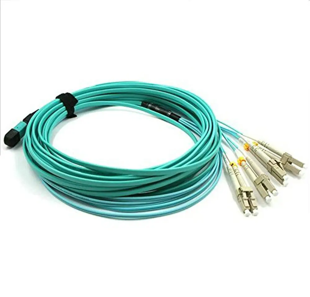 Female 10Meters 12 STRAND MPO //MTP -LC OM3 FIBER OPTIC PATCH CABLE AQUA