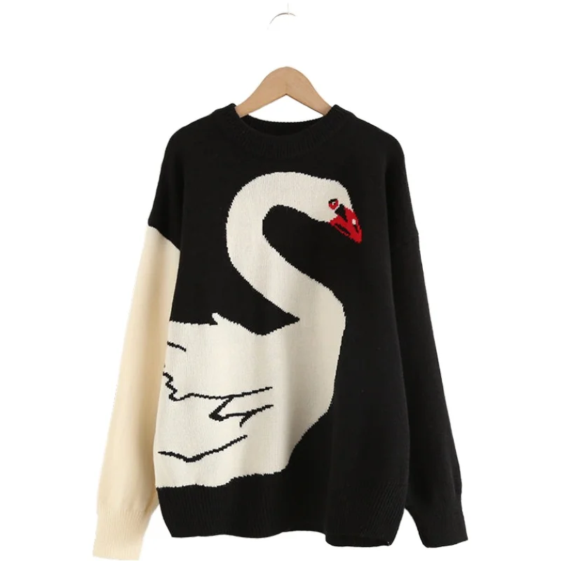 

Women Cartoon Embroidery Knitted Sweaters And Pullovers Female Loose Color Matching Jacquard Harajuku Sweater 2011828