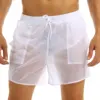 Adult Mens See-Through Shorts Elastic Waist Pure Color Drawstring Quick Dry Beach Shorts Swim Trunks with Bulit-in Mesh Briefs 1