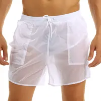 Adult Mens See-Through Shorts Elastic Waist Pure Color Drawstring Quick Dry Beach Shorts Swim Trunks with Bulit-in Mesh Briefs 1
