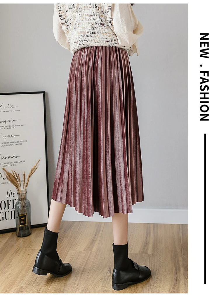 Beiyingni Autumn Winter Gold Velvet Midi Skirt for Woman High Waist Vintage Casual Pleated Skirts Womens Solid 7Colors Warm Saia