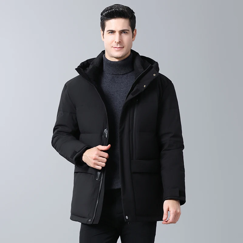 Зимняя Толстая теплая водонепроницаемая мужская куртка-пуховик на белом утином пуху с капюшоном, утолщенная повседневная мужская пуховая куртка для холодной деловой погоды, парка, верхняя одежда - Цвет: black