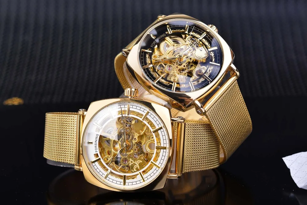 Forsining Top Brand Luxury Man Clock Fashion Mens Watch Casual Waterproof Rose Gold Mesh Skeleton Mechanical Wristwatches