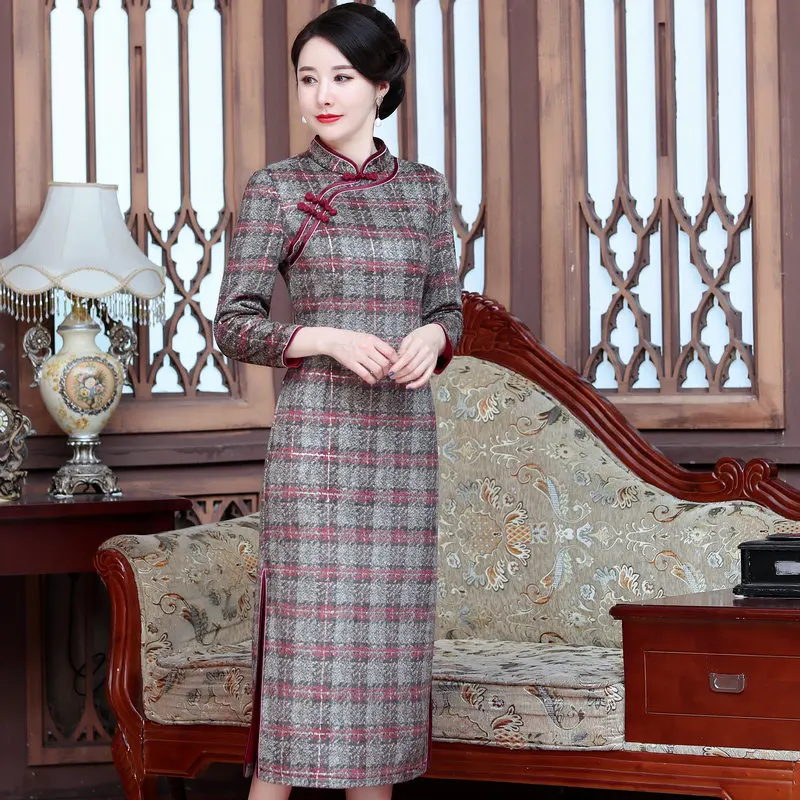 Зимнее женское элегантное платье, ретро клетчатый халат в китайском стиле, воротник-стойка, облегающее, с боковым подолом, с разрезом, толстый флис, теплое платье-туника Qipao