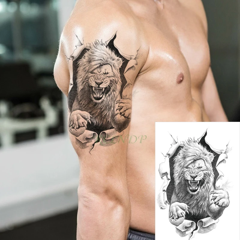 Waterproof Temporary Tattoo Sticker roaing lion king big animal tatto black flash tatoo fake tattoos on back arm for men women | Красота и