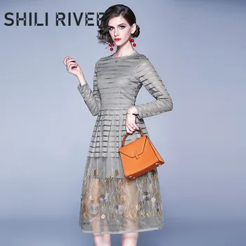 

New spring autumn midi dress for women a line long sleeve slim casual elegant floral embroidery swing dresses with lace gray