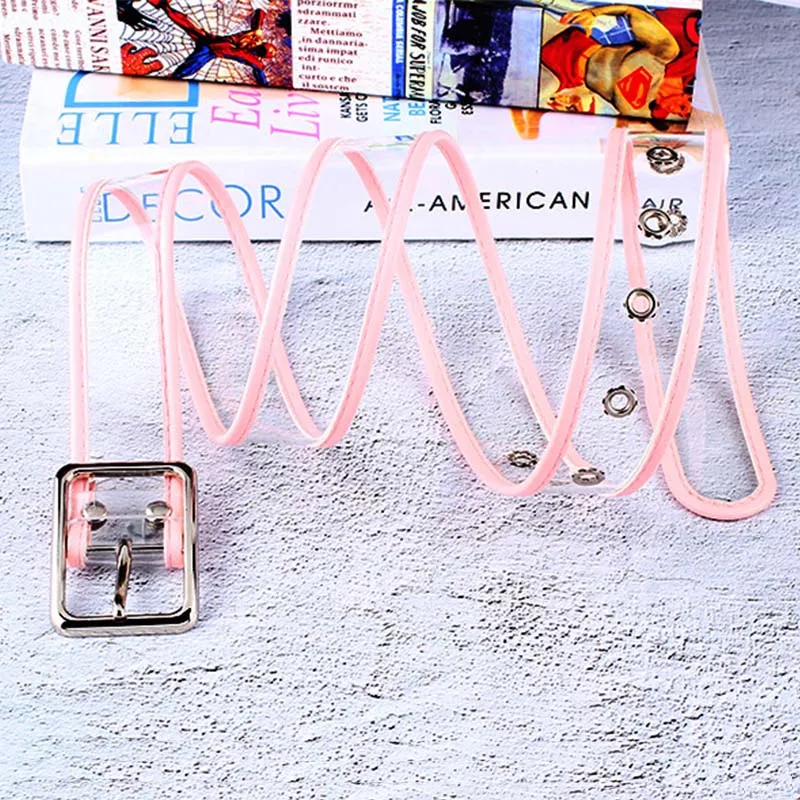 Square pink New Design Women Transparent Belt Heart Round Square Metal Pin Buckle Waist Dress Jeans White Fashion Waistband Straps Z40 - Цвет: Square pink