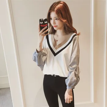 

Female blouse Spring and summer women's new Korean version of the striped contrast color shirt casual V-neck long-sleeved wild