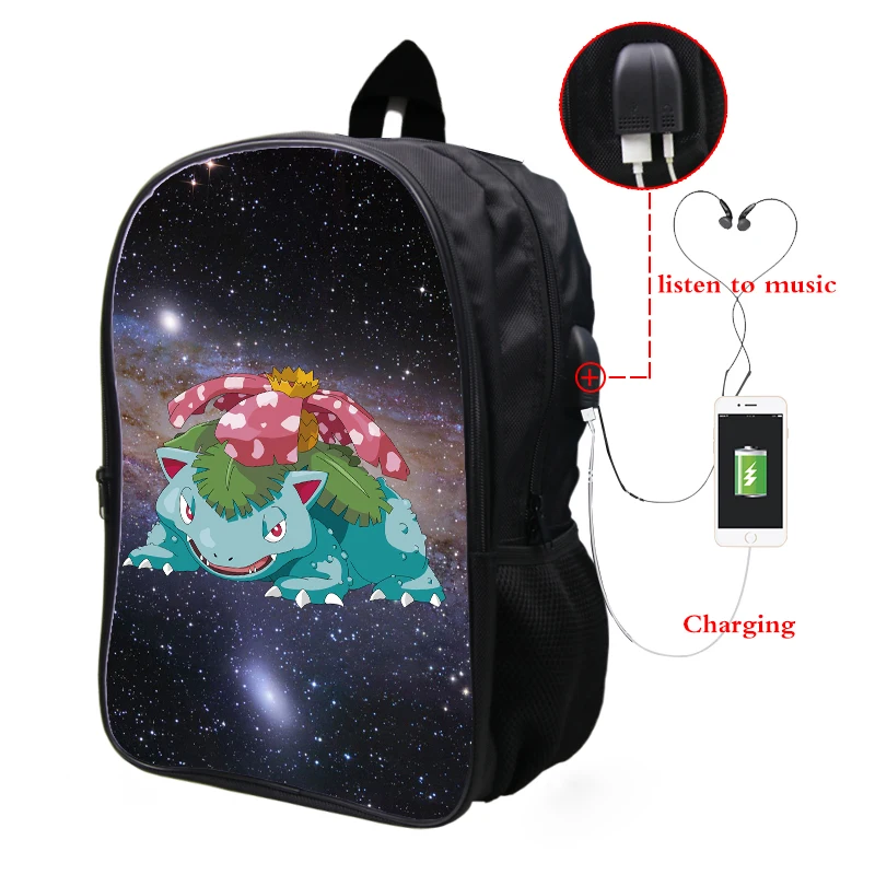 16 Pokemon Venusaur Galaxy Космический рюкзак Многофункциональный USB зарядка Разъем для наушников школьная сумка для подростков мальчиков рюкзак для девочек с отделением для ноутбука - Цвет: 16