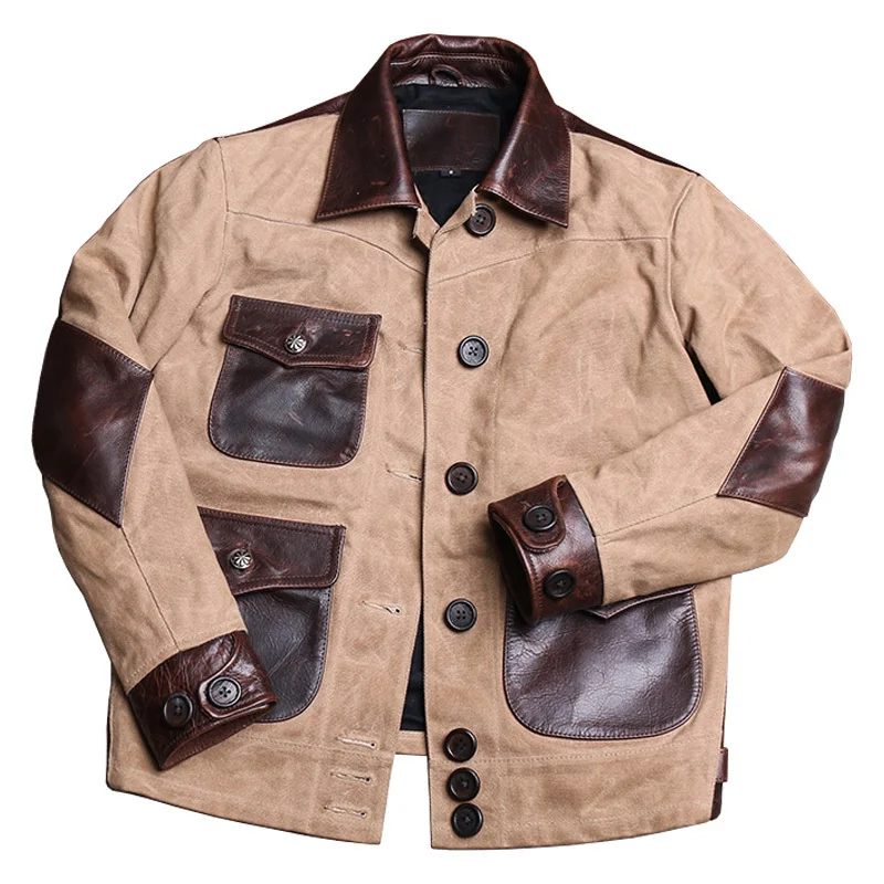 

2020 Light Brown American Casual Spliced Jacket Large Size XXXL Genuine Cowhide Autumn Slim Fit Leather Coat