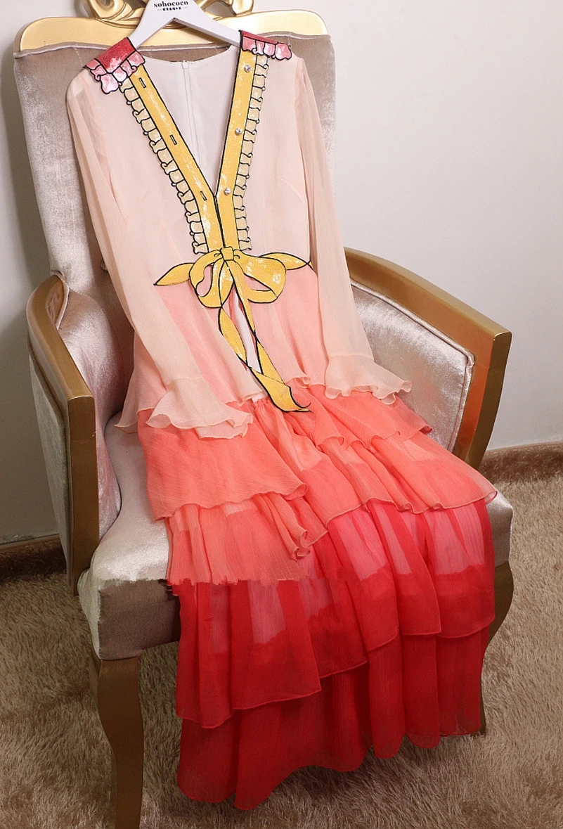 SexeMara-fashion-The-New-V-neck-Bow-Mesh-perspective-Gradient-cake-dress-Free-shipping (5)