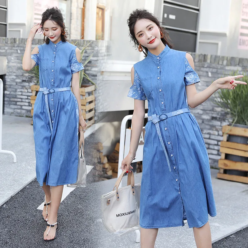 

2019 WOMEN'S Dress Korean-style Elegant Mid-length Slimming Denim Skirt-Style Short-sleeve Dress Fashion