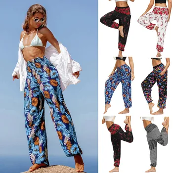

Casual fashion Women Spring and summer Bohemia Polyester Print Track Pants Loose Elastic Waist Bloomers Long Pants h4