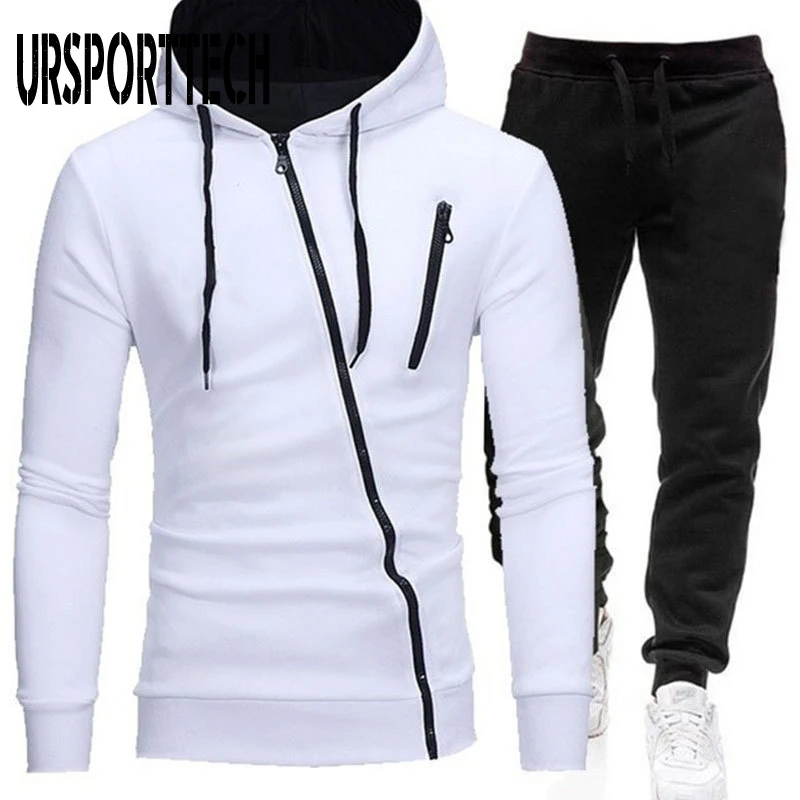 

Fashion Tracksuit Men Sets Hit Color Diagonal Zipper Hoodies Sweatshirt Pant Suits Men Track Suit Sportswear Hoodie Set 2 Pieces