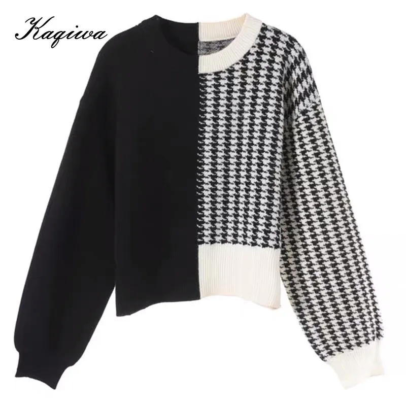 2020 Autumn and winter new female star same sweater net red black white color matching Pullover Knitted Top B-040 | Женская одежда