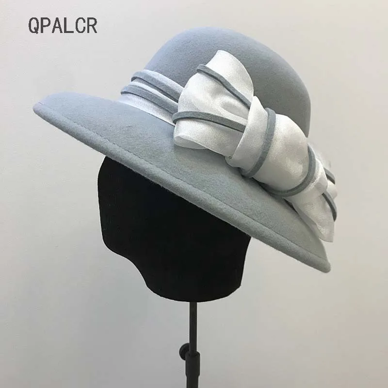 QPALCR 100% фетровые шляпы шерстей розовая Осенняя шляпа женская с Широкими Полями