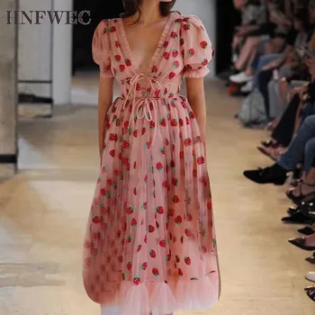

Women Dress Mesh Puff Sleeve V-neck Print Dresses Pink Sexy Vintage Mesh Dresses 2020 Fashion Women Summer Clothes V899