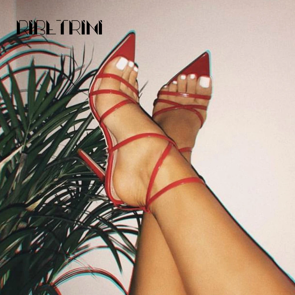 

RIBETRINI Sexy Summer Sandals For Women 2019 Pointed Toe High Heel Shoes Woman Party Wedding Office Gladiator Sandals Big Size