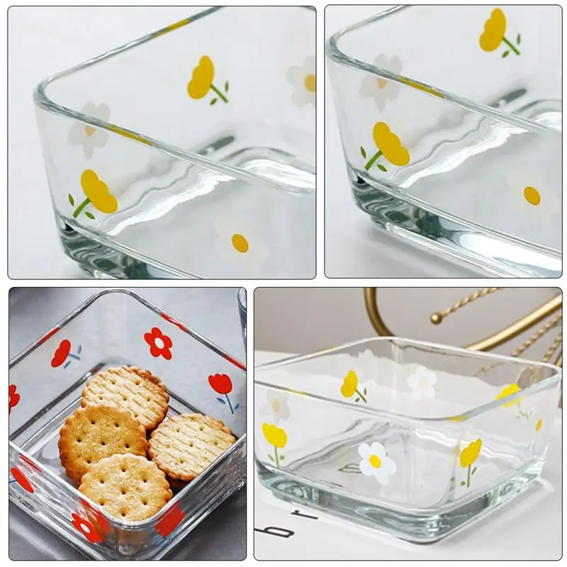 4pcs Glass Bowls Multifunction Salad Bowl Square Fruit Vegetable Bowl Home Kitchen Gadget Eco-Friendly Noodle Snack Dish Plate