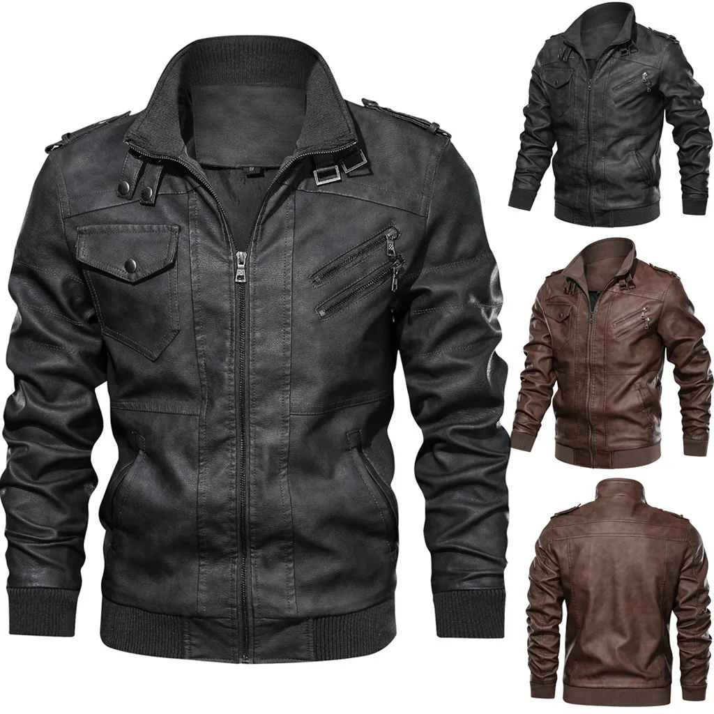 

2019 New Fashion Autumn Male Leather Jacket Men's Autumn Winter Vintage Zipper Stand Collar Solid Imitation Leather Coat S-3XL