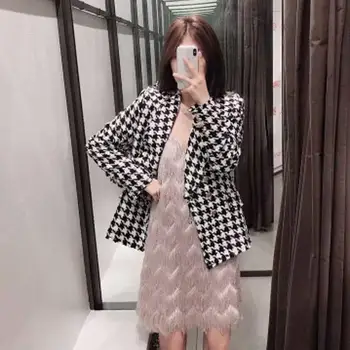 

Women Elegant Tassels Tweed Coat Double Breasted Pockets Buttons Jacket Office Wear Female Plaid Outwear Top Blazers