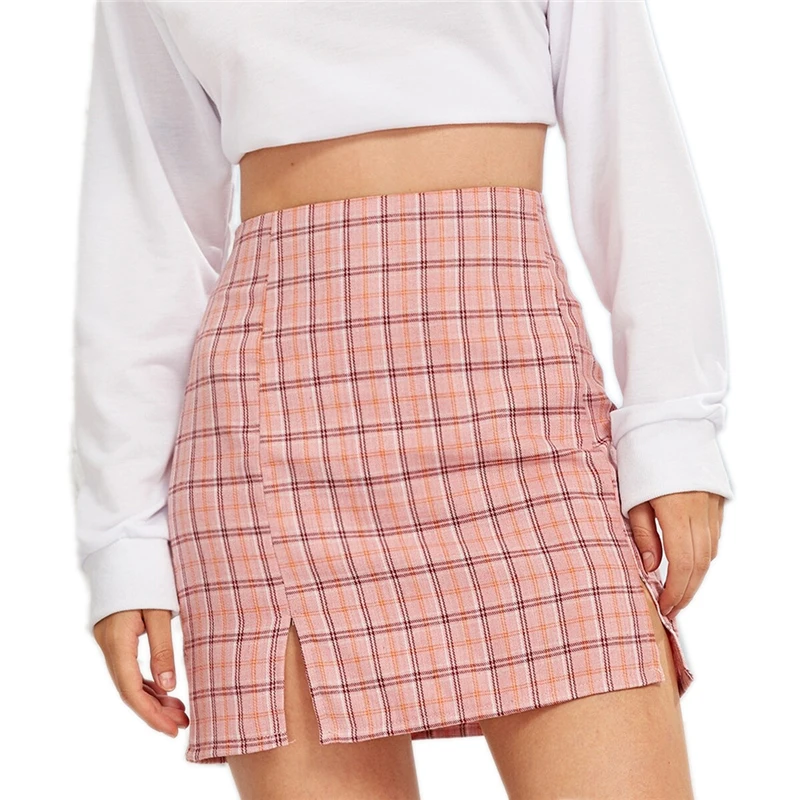 SHEIN клетчатая облегающая мини-юбка с Боковым Разрезом, Женская юбка, осень, уличная одежда, повседневная трапециевидная Базовая Женская облегающая юбка
