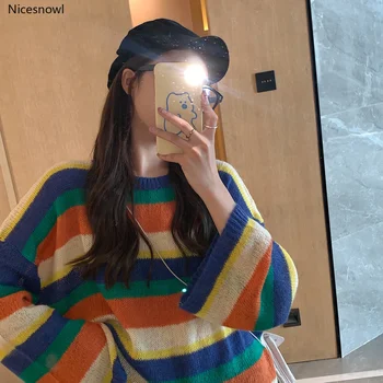 

Women's Sweaters Japanese Kawaii Ulzzang Vintage Loose Cute Lazy Striped Sweater Female Korean Harajuku Clothing For Women