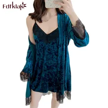 Fdfklak осенне-зимний женский халат из золотого бархата с длинным рукавом, женские халаты с v-образным вырезом и поясом, миди ночные рубашки, сексуальный кружевной комплект из двух предметов