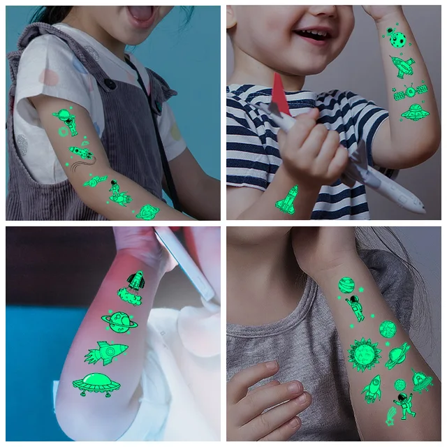 Autocollants de tatouage lumineux pour enfants, 5 pièces, dessin animé temporaire, pâte scintillante sur le visage, les bras, les jambes, Art corporel, faux tatouages 1