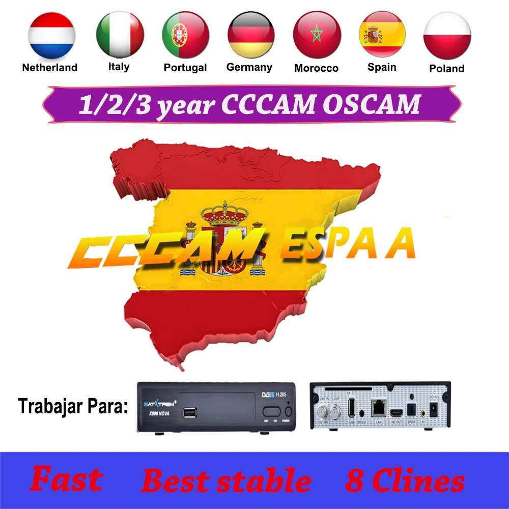 

Cccam ESPA A Clines 8 Lines for 1/2/3 Year Europe Ccams Spain Portugal Germany Poland Stable Server for DVB-S2 Satelite Receptor