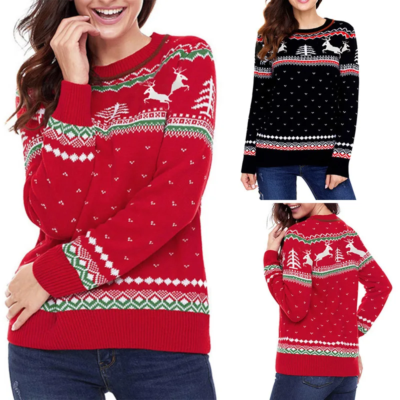 

2020 Autumn New Women Sweater Hot Selling Christmas Style Round Neck Fawn Print European and American Knitting1 Piece Set