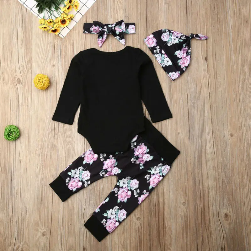 Baby Girl Clothing Set Citgeett Newborn Black Romper + Pants Print Leggings 4Pcs Autumn Fall