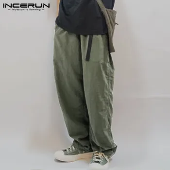 

INCERUN Men Wide Leg Pants Solid Loose Streetwear Belt Cotton Joggers Long Pants Harajuku Vintage Casual Trousers Men 2020 S-5XL