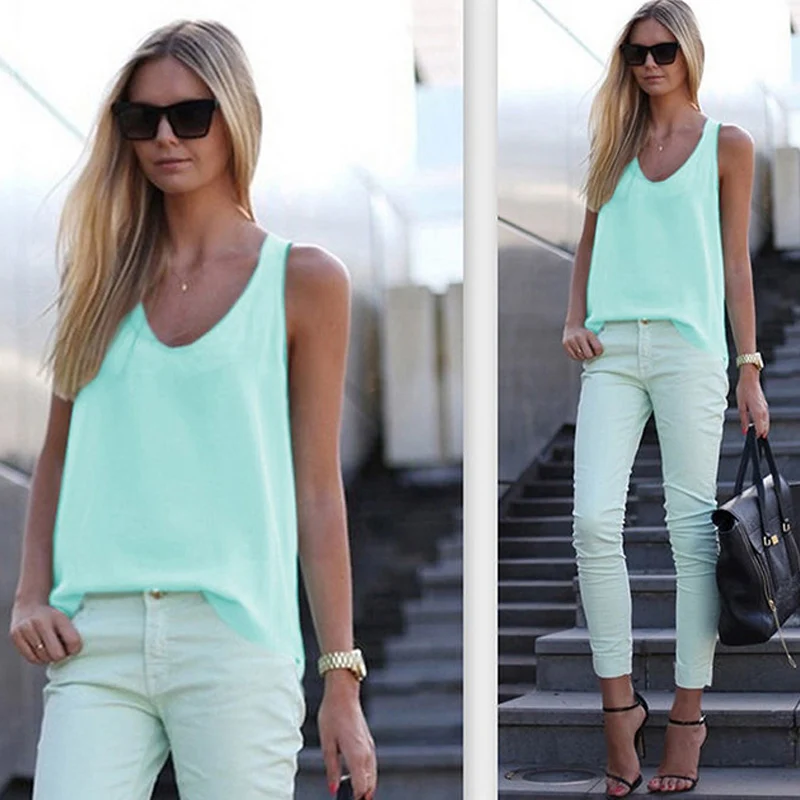 New Women's Solid Color Sleeveless V-neck Slim Summer Chiffon Blouse Blusas Mujer De Moda 2019 New Women's Solid Color Sleeveless V-neck Slim Summer Chiffon Blouse Blusas Mujer De Moda 2019