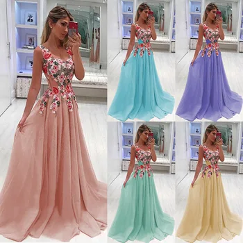 

Women's Elegant Color Lace Embroidery stitching printing Sleeveless Holiday Wedding Party Floor Length Maxi Strap Dress