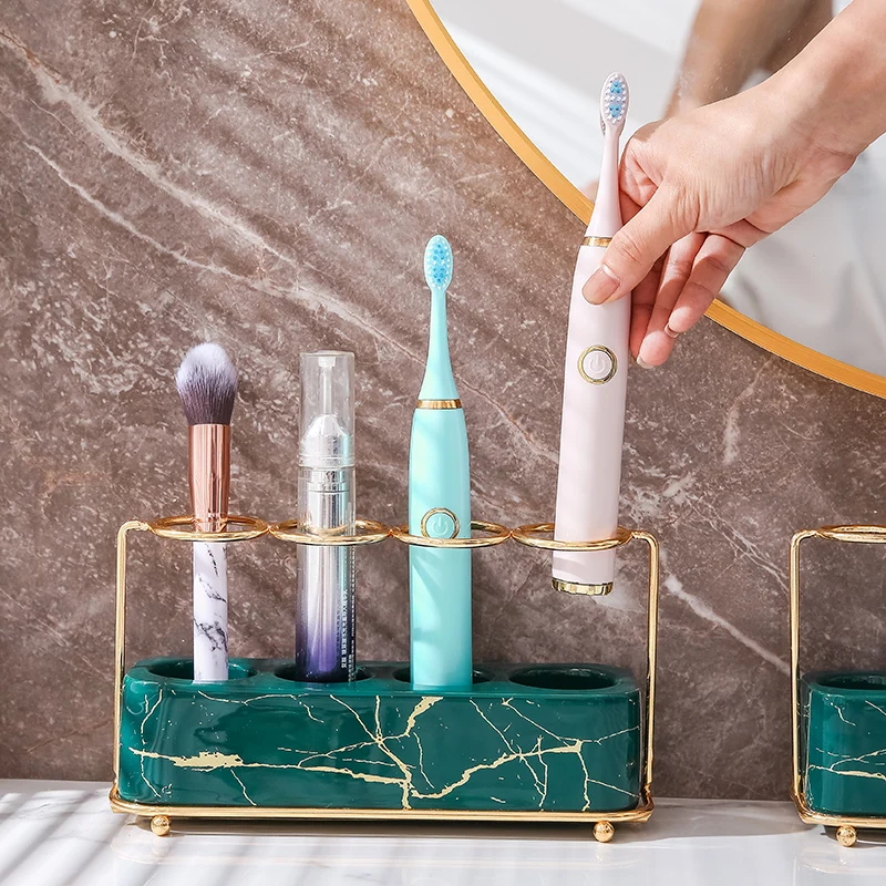 

Modern Metal Frame Ceramic Storage Rack Bathroom Toothbrush Holder Storage Shelf Dressing Table Cosmetic Rack Decoration Crafts