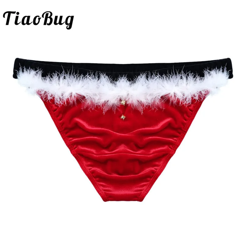 

TiaoBug Men Lingerie Soft Velvet Low Rise Holiday Fancy Costume Santa Christmas Party G-string Thongs Xmas Rave Sexy Underwear