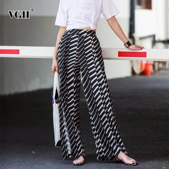 

VGH Patchwork Hit Color Striped Trousers For Women High Waist Side Split Wide Leg Pants Female 2020 Spring Fashion New