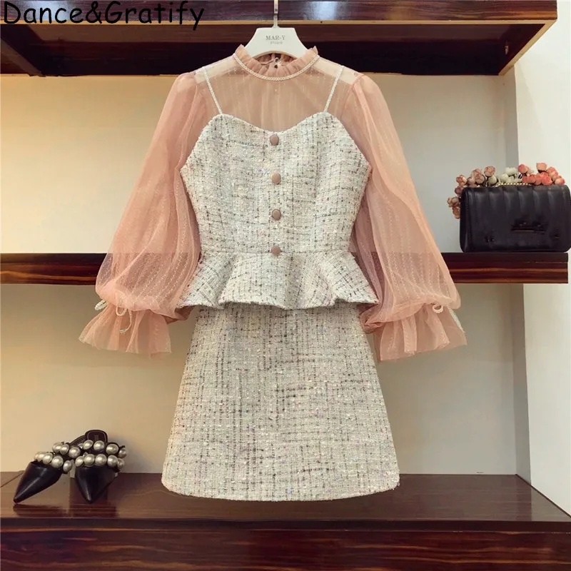 

3 Pieces Clothing Set 2019 Autumn Women Pink Mesh Shirt Top + Spaghetti Strap Tweed Short Tank Crop And Mini Bodycon Skirt Suit