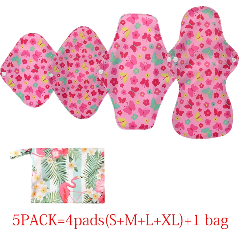 5PACK(S+M+L+XL+1bag) Ohbabyka Reusable Sanitary Towels Women Panty Liner New Reusable Washable Bamboo Charcoal Menstrual Pad