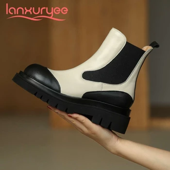 

Lanxuryee Chelsea boots natural leather mixed colors platform round toe thick med heel slip on neutral punk cozy ankle boots L76