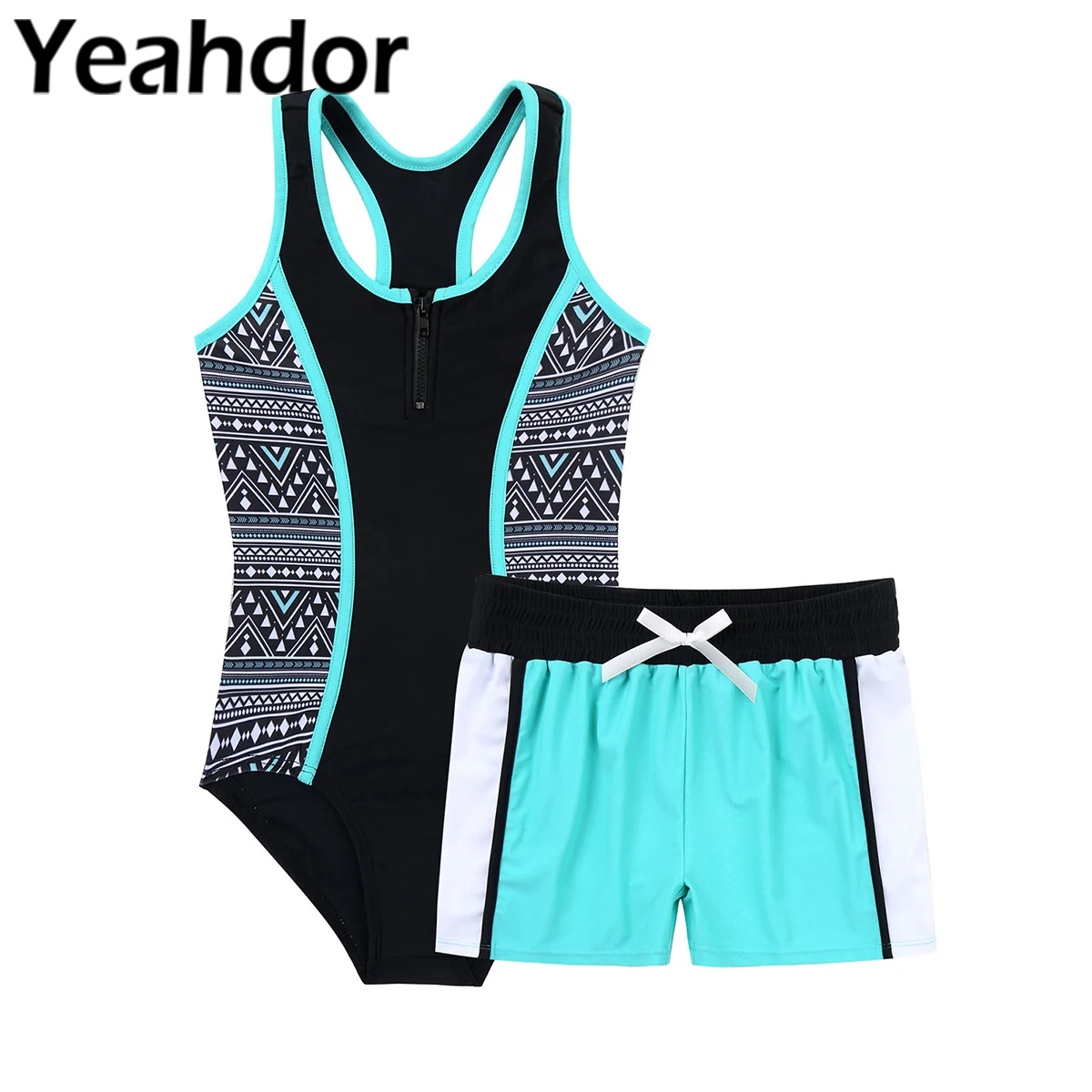 

2PCS Kids Girls Swimwear Swimsuit Swimming Bathing Suits Round Neck Sleeveless Racer Back Jumpsuit Boyshorts Set Beachwear