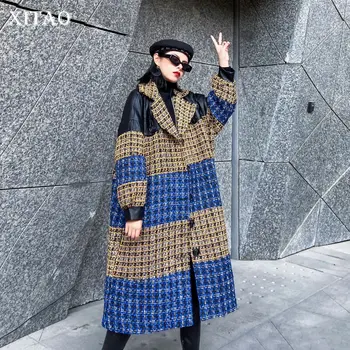 

XITAO Contrast Color Plaid Winter Women Coat PU Splice Woolen Coats Streetwear Long Tops Women Clothes 2019 Autumn New ZLL4537