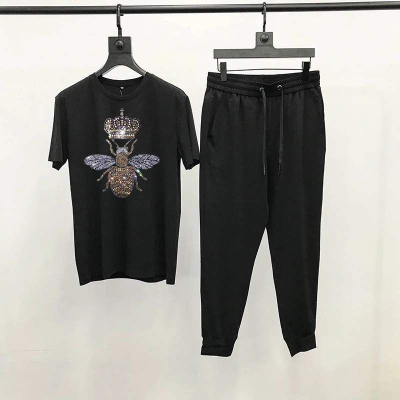 Male Hot Diamond New Design Soft Fabric Track Suit Summer Men's Sets Cotton T-Shirt Outdoor Couple Pants + Sweatshirt